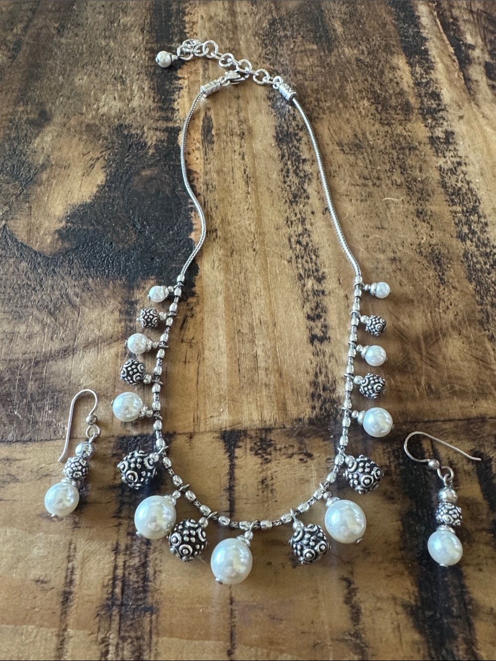 Brighton Silver-Tone Necklace and Earrings with White Pearlescent Beads